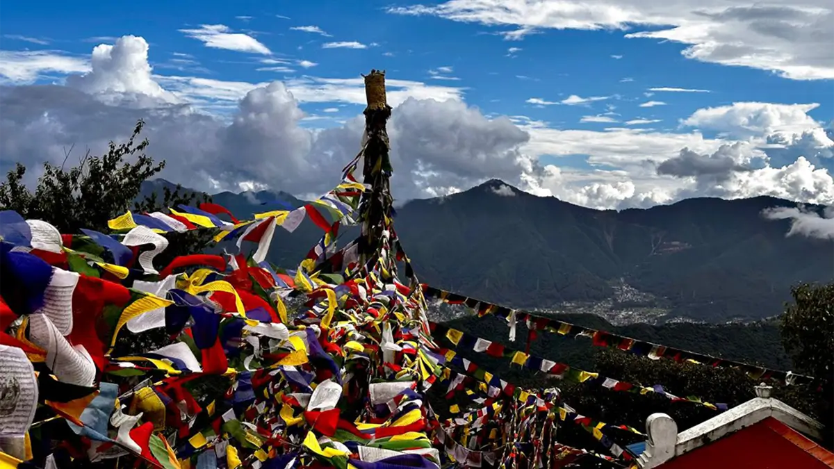 colourful prayer flag top of the jamacho hill
