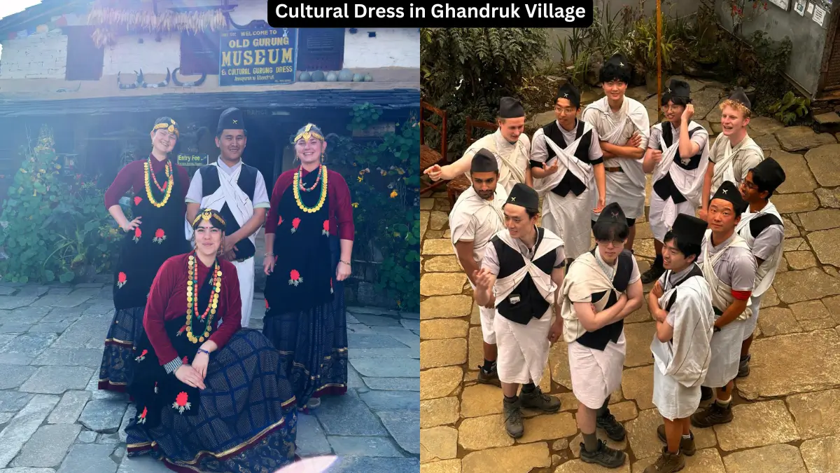 Ghandruk village and gurung cultural dress on the first day of the Annapurna base camp trek route via Ghandruk