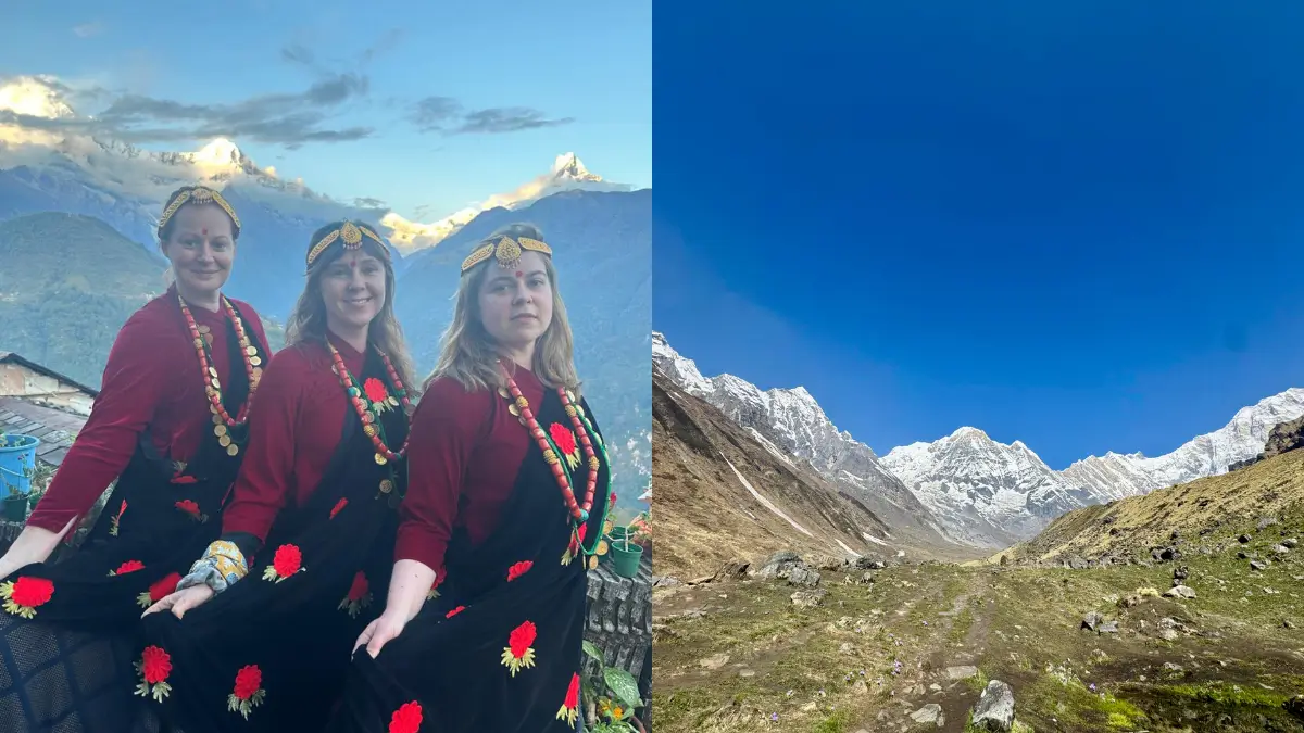 ghandruk gurung dress and annapurna base camp annapuna himalayas view