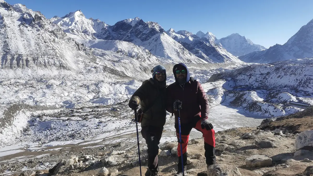 High Himalaya mountain view in the Everest, hiking trail route between gorakshep to Kala Patthar