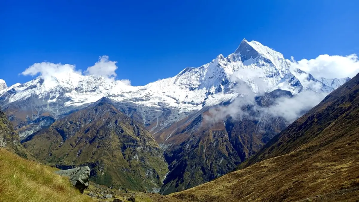 mount fishtail machhapuchhre view the trekking route from mbc to abc