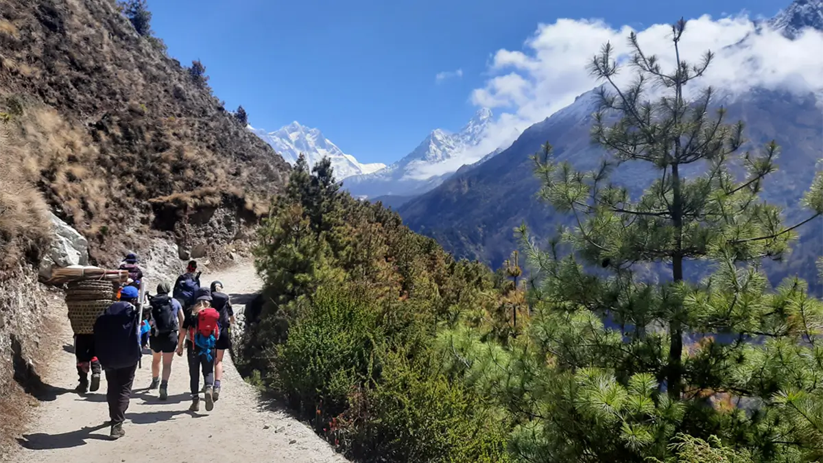 trekking trail to everest base camp while walking from namche bazaar to kyangjuma, and tengboche