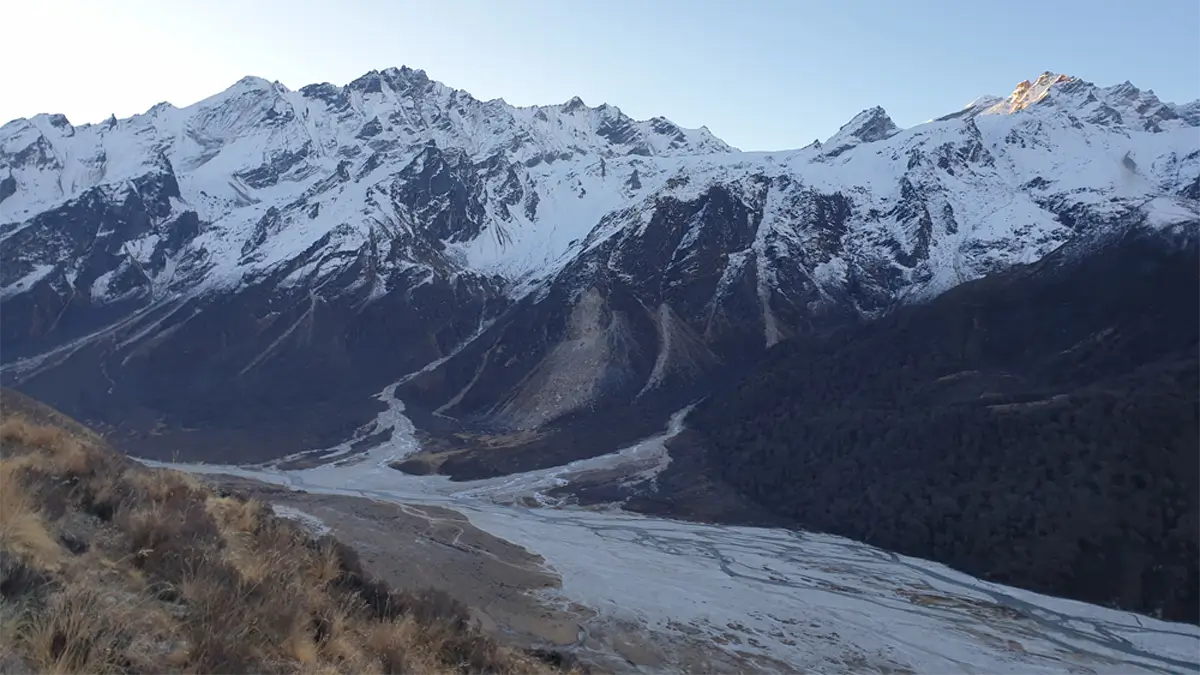 Snow capped mountain in Langtang valley Trek with snow glacier Nepal