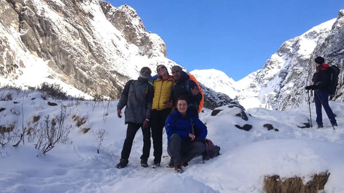 Snowing trekking trail between Deuali to MBC Machhapuchhre base camp while Annapurna base camp trekking in Nepal