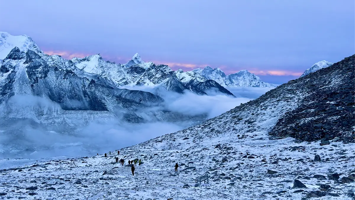 Snowy Himalaya mountain peak view near by Kala Patthar Nepal