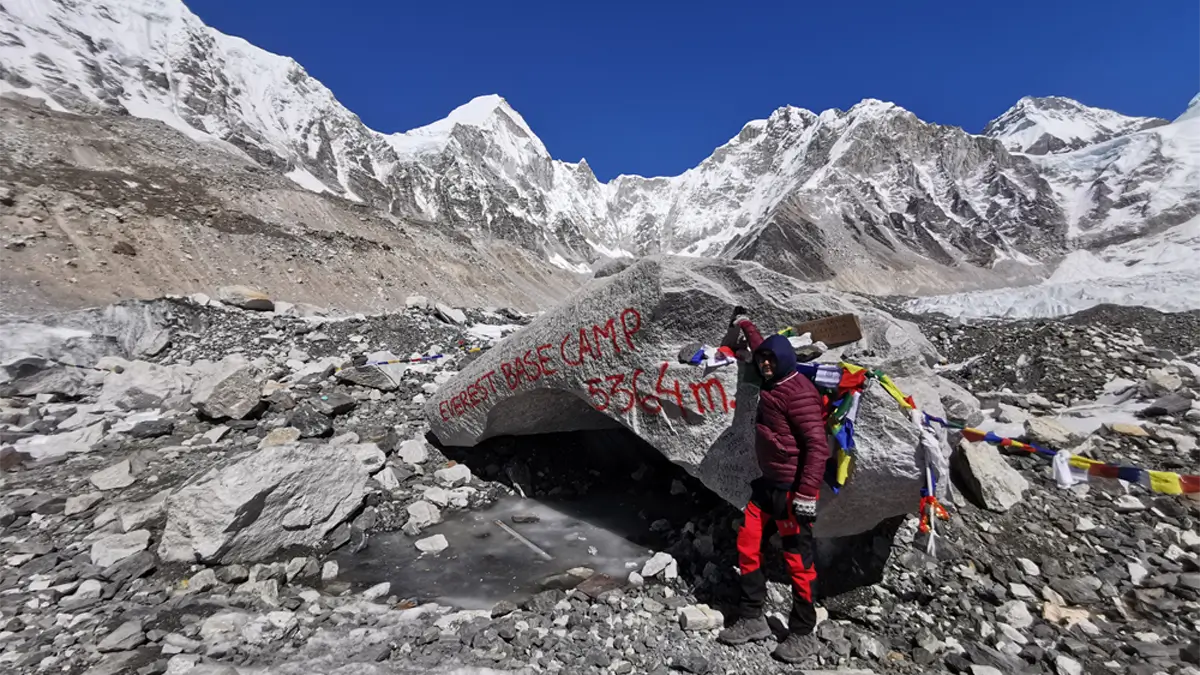having picture at the Everest base camp EBC in Nepal, South Asia