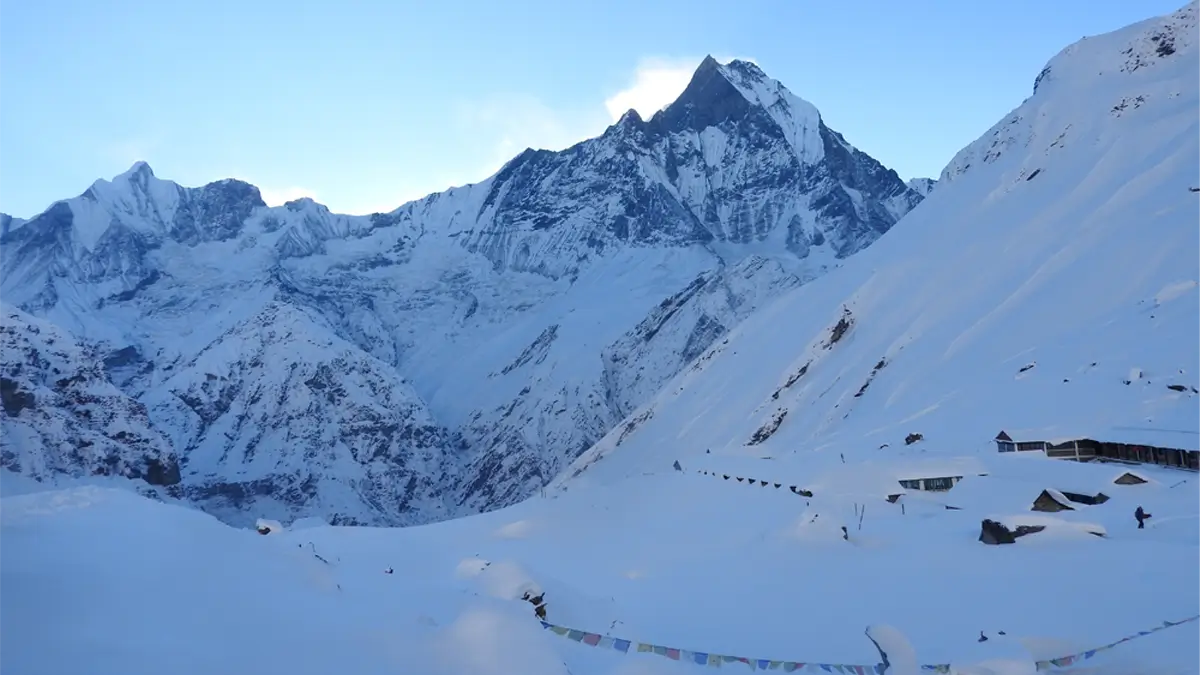 snowy mountain view of mount fishtail from ABC Annapurna Base Camp