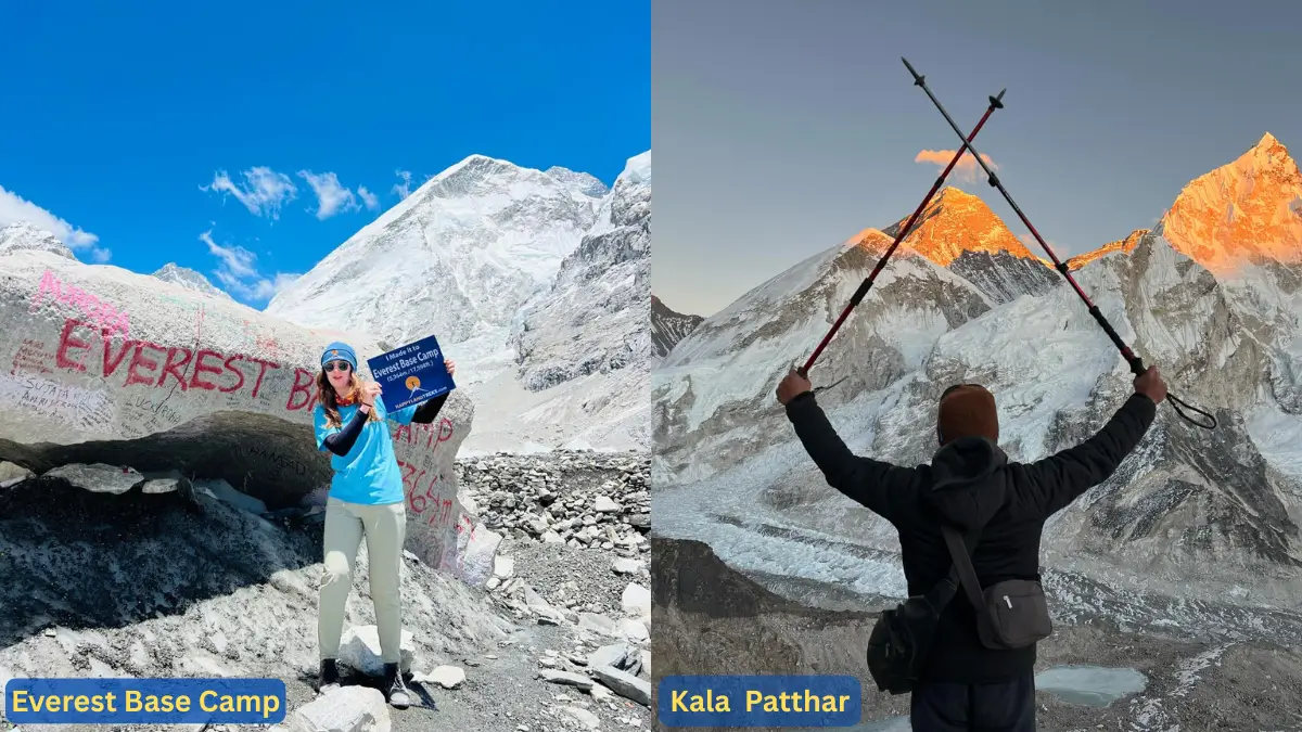 View from Everest base camp and Kala Patthar. Trek to highest mountain in the world, Mt. Everest.